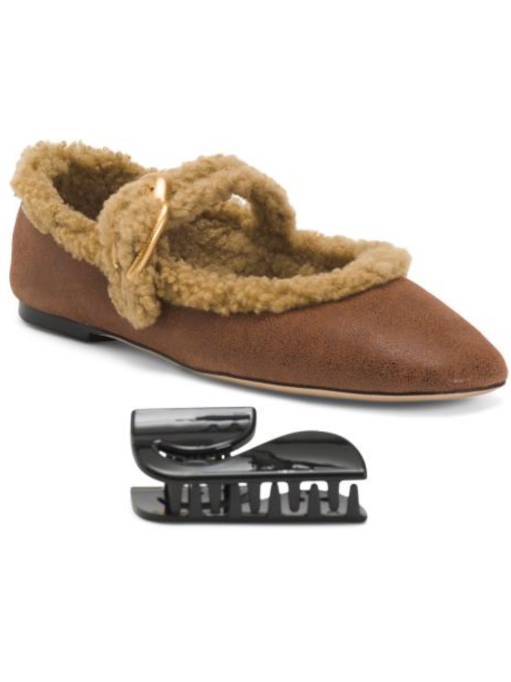 LARROUDE Brown Faux-Shearling Mary Jane Flat